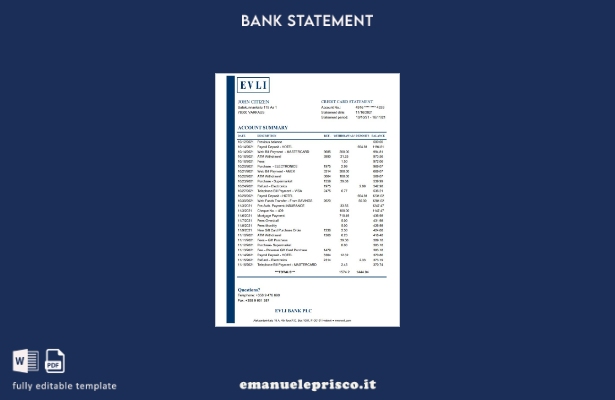 modello Excel di estratto conto bancario Finlandia Evli Bank PLC stile verificat